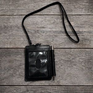 Wilsons Leather Black Leather ID Holder Wallet Lanyard w/ Pen Card Case